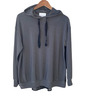 Compli K Soft Grey Hooded Sheer Back Long Sleeve Blouse Shirt Top Pullover SMALL
